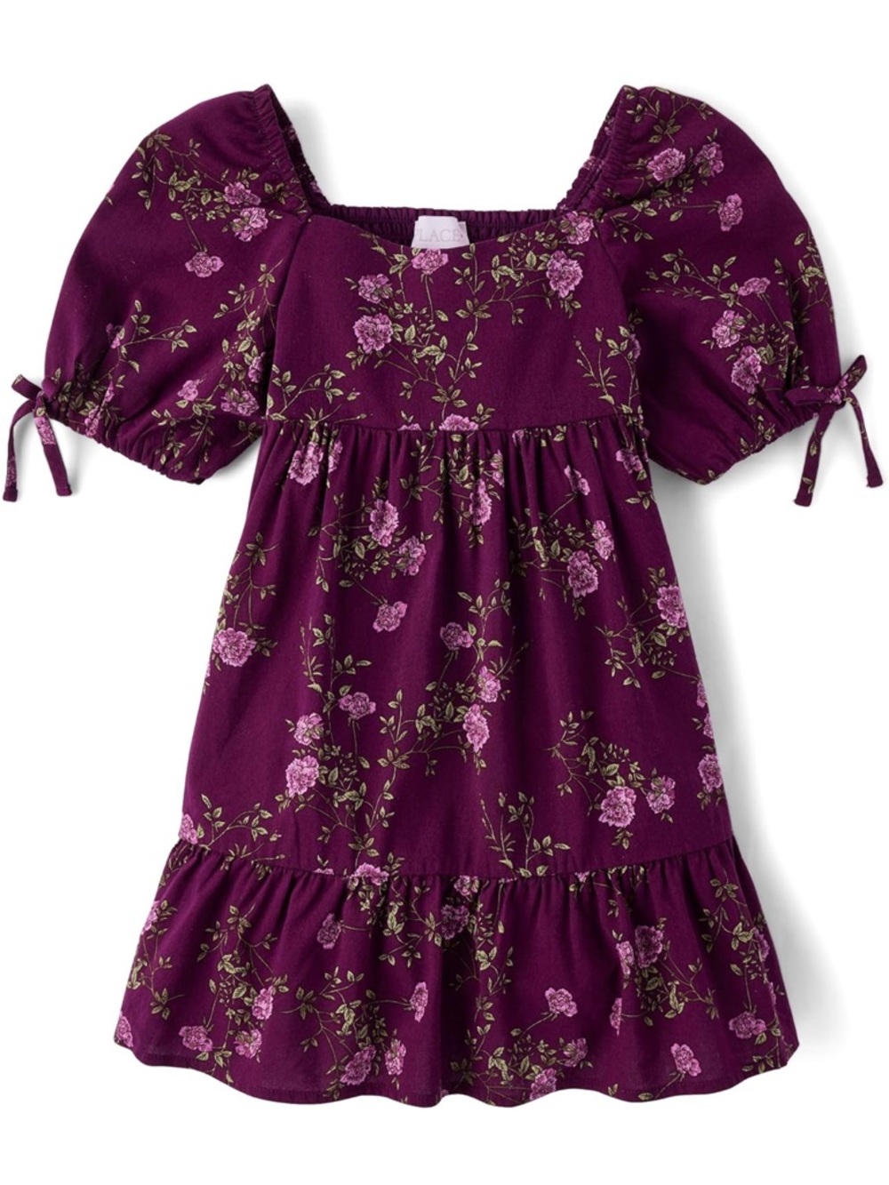 Girls Floral Puff-Sleeve Dress in Plum - Picture 4 of 4